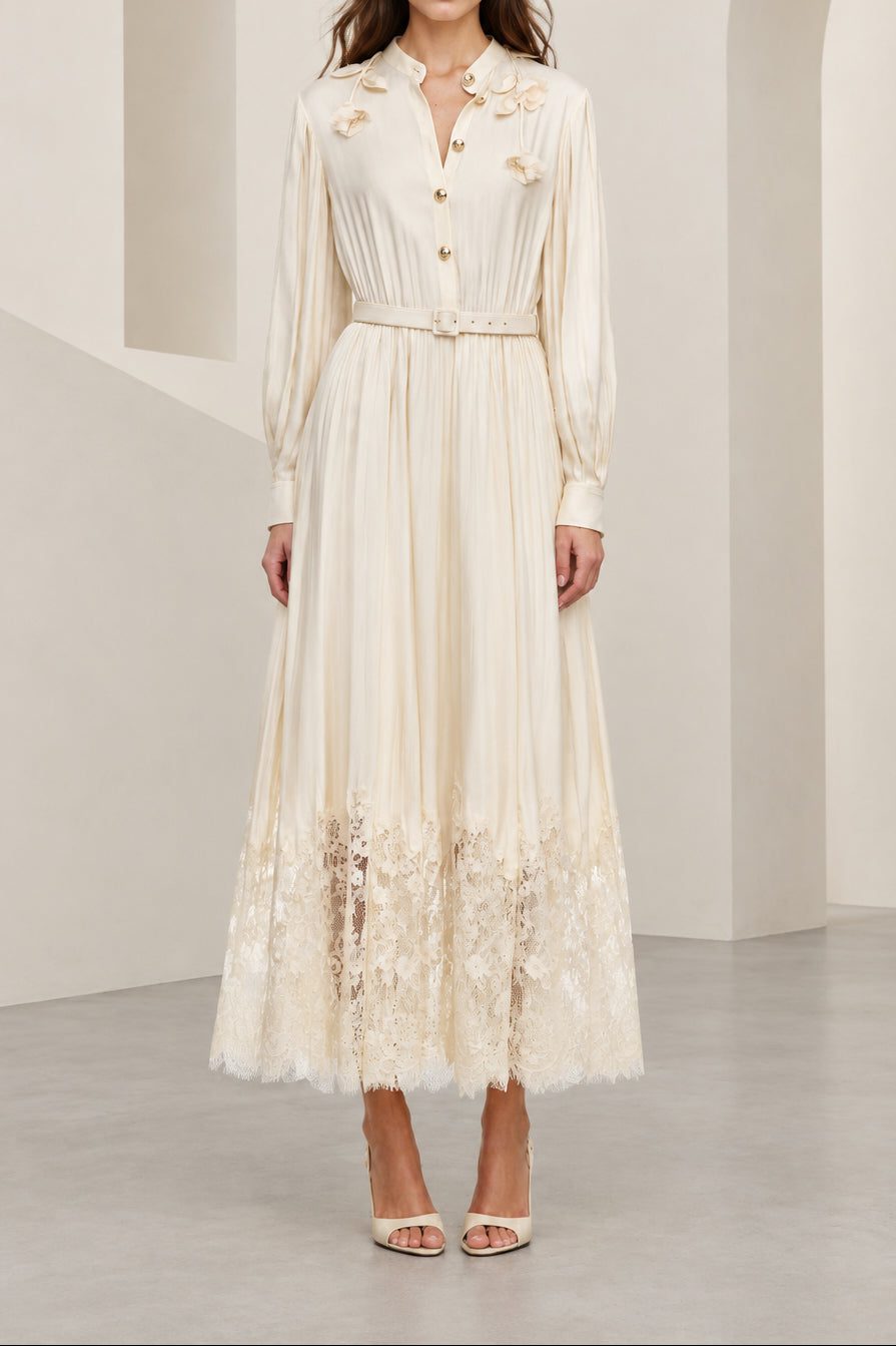Pleated Midi Dress with Lace Hem and Floral Accents