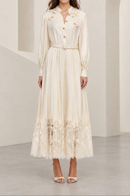 Pleated Midi Dress with Lace Hem and Floral Accents