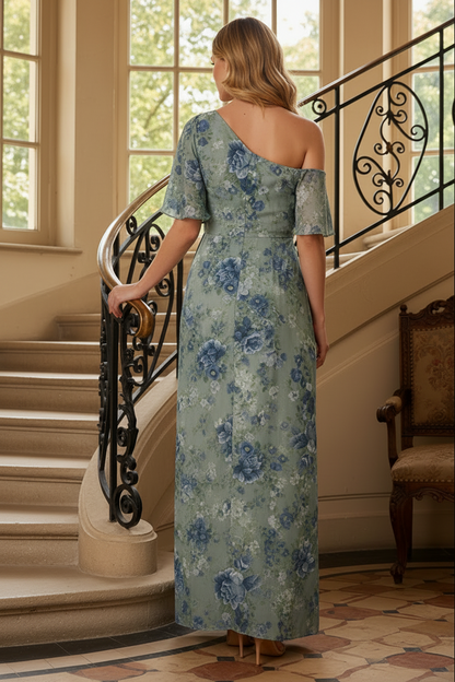 One-Shoulder Floral Wrap Maxi Dress