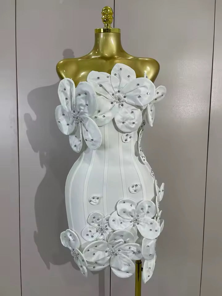 Strapless 3D Floral Applique Bodycon Mini Dress