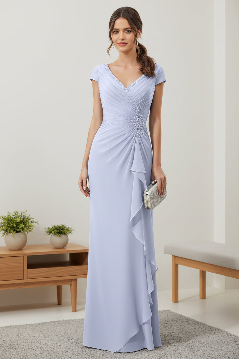 Light Blue Ruched Chiffon Mother of the Bride Dress with V-Neck and Cap Sleeves