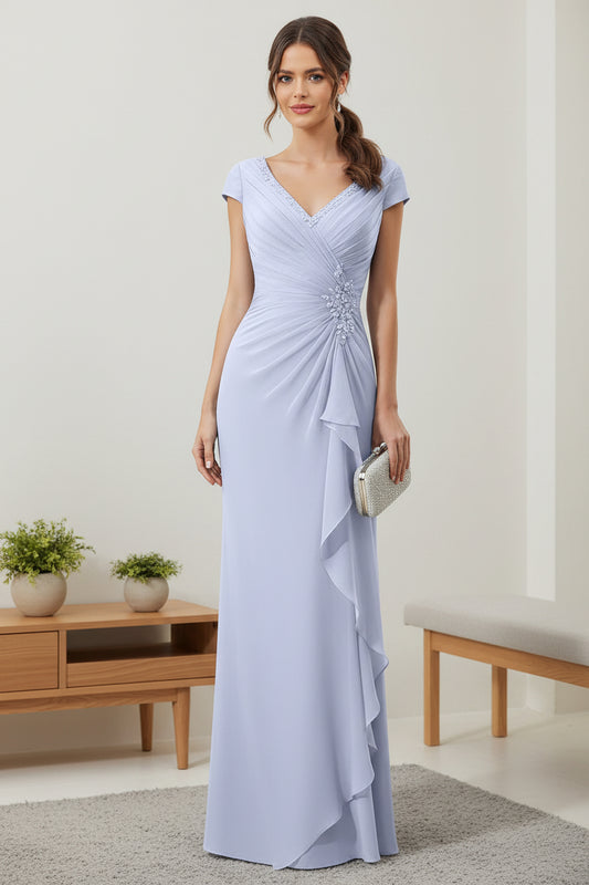 Light Blue Ruched Chiffon Mother of the Bride Dress with V-Neck and Cap Sleeves