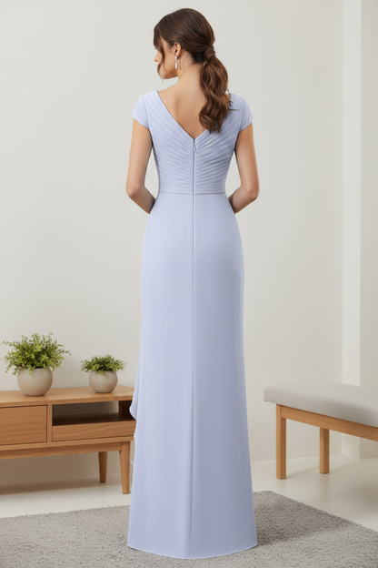 Light Blue Ruched Chiffon Mother of the Bride Dress with V-Neck and Cap Sleeves