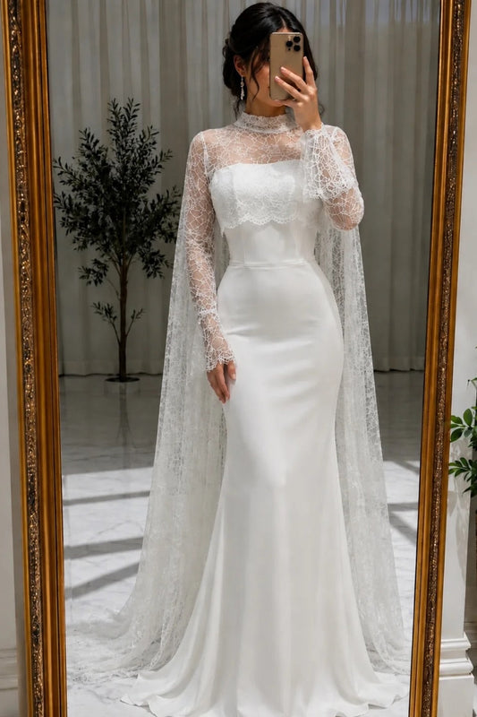 High Neck Lace Mermaid Bridal Gown with Cape