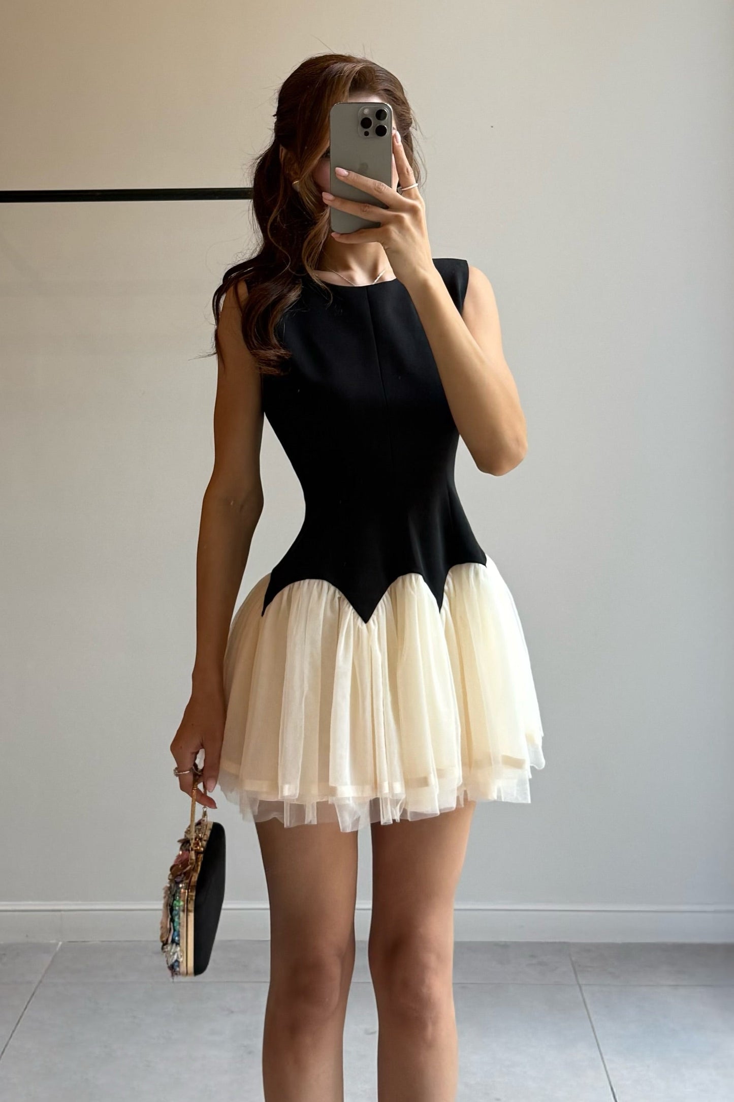 Sleeveless Drop-Waist Tulle Hem Mini Dress