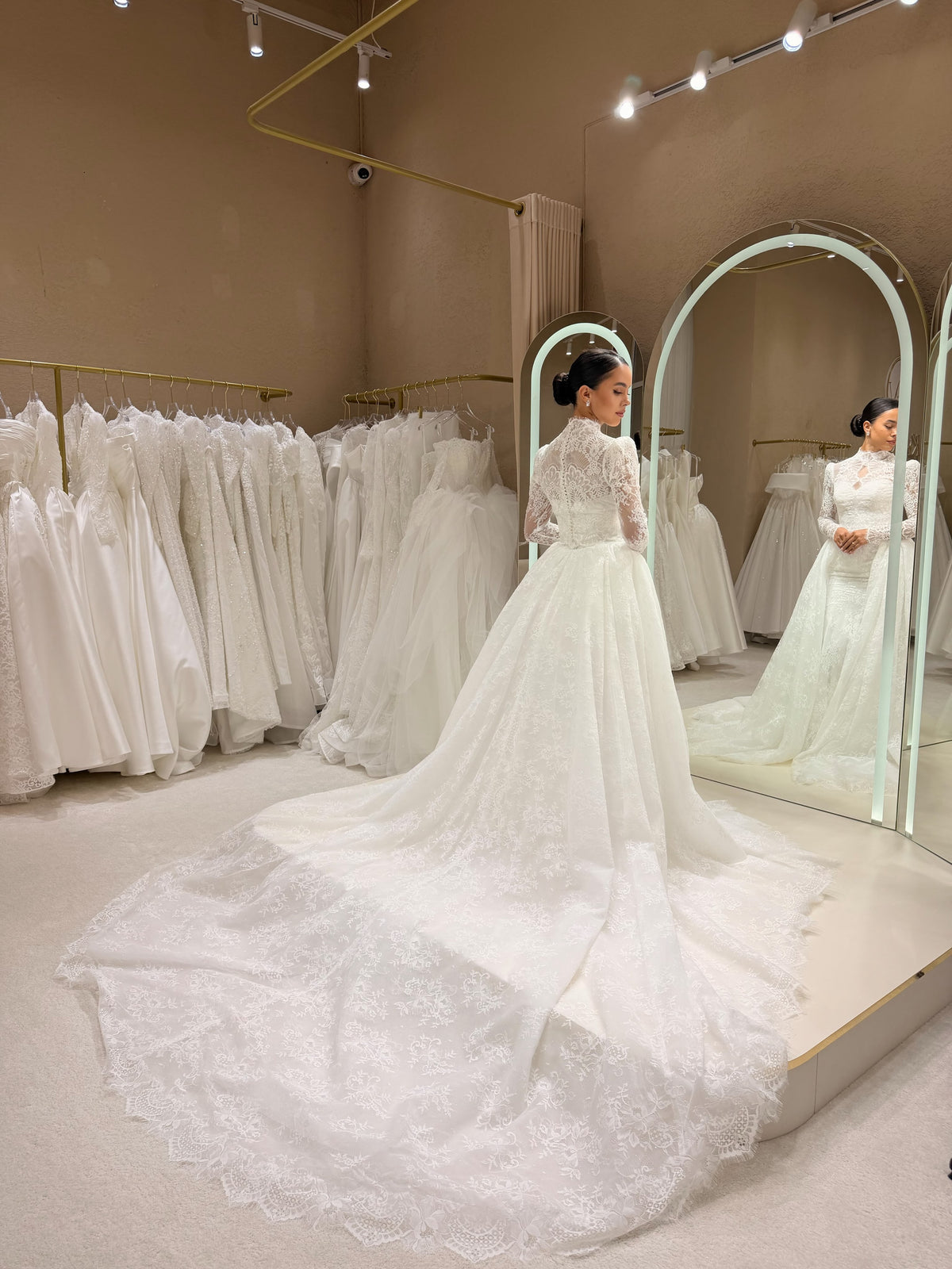 Lace High Neck Mermaid Wedding Dress with Overskirt