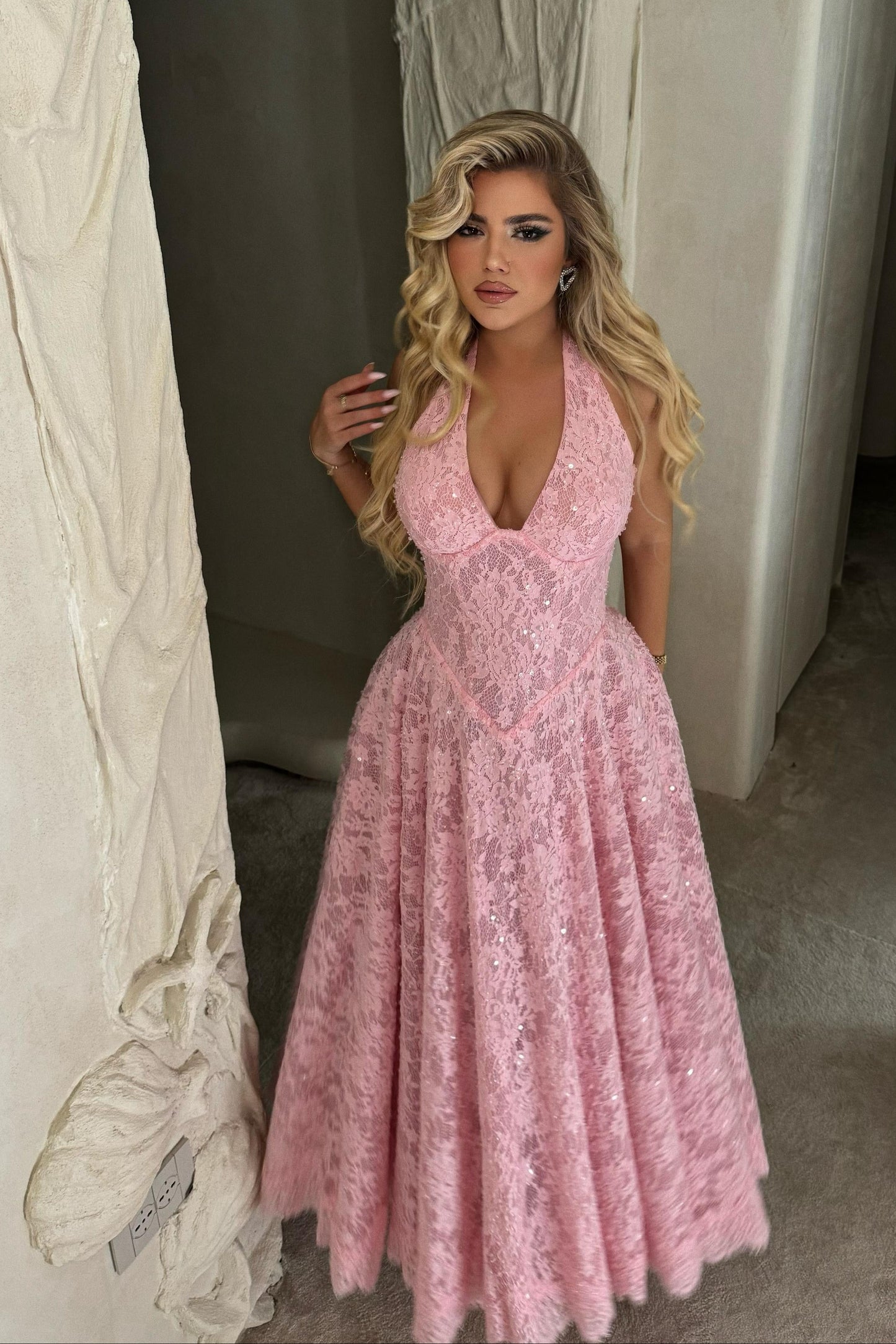 Halter Neck Sequined Lace A-Line Midi Dress