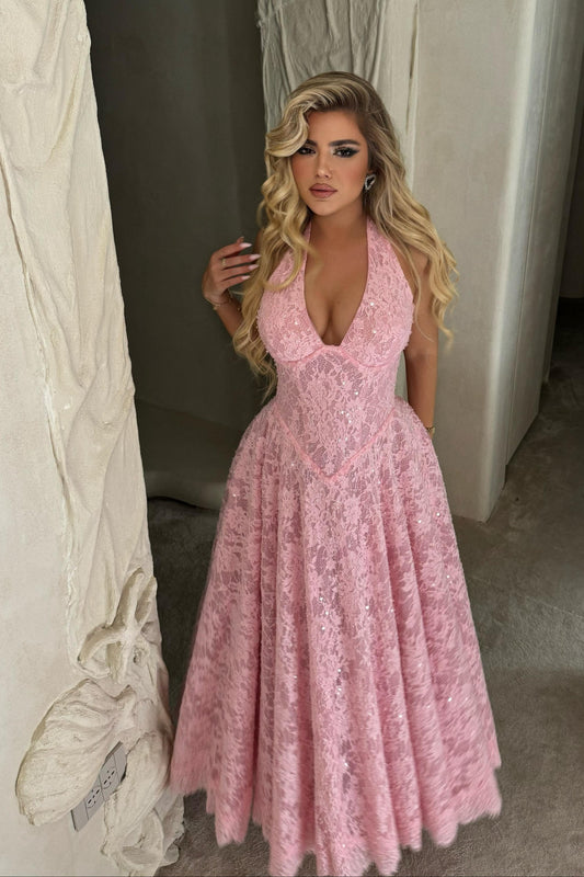 Halter Neck Sequined Lace A-Line Midi Dress