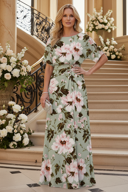 Ruched Waist Floral Chiffon Maxi Dress