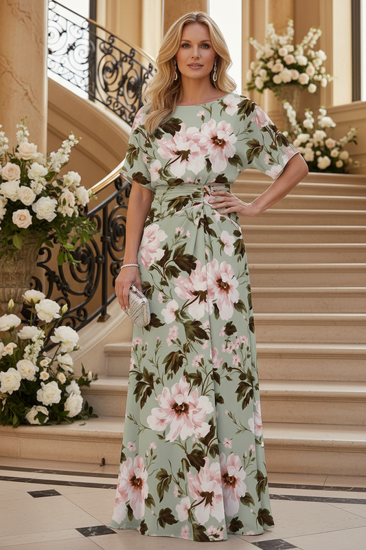 Ruched Waist Floral Chiffon Maxi Dress