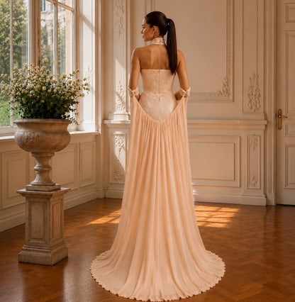 Lace Halter Mermaid Evening Gown with Draped Cape