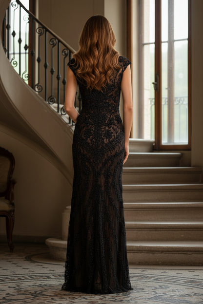 Beaded Lace Illusion Cap Sleeve Evening Gown