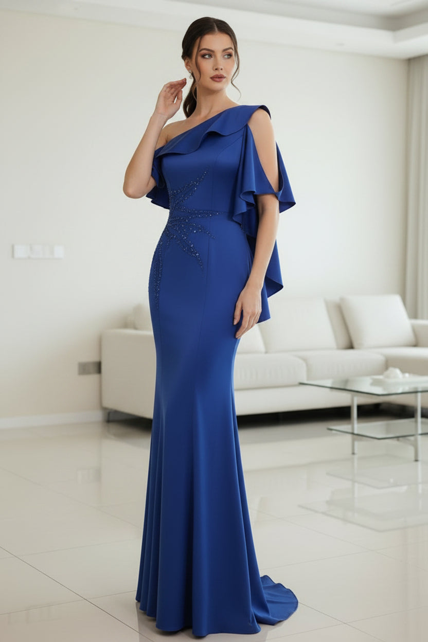 Royal Blue One-Shoulder Mermaid Evening Gown with Beaded Embellishments & Ruffle Cape Sleeve