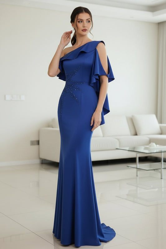 Royal Blue One-Shoulder Mermaid Evening Gown with Beaded Embellishments & Ruffle Cape Sleeve