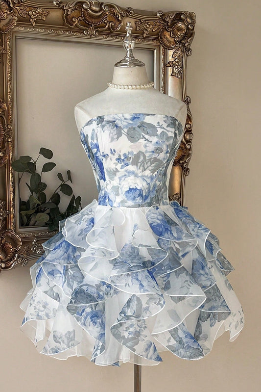 Strapless Organza Floral Ruffled A-Line Dress