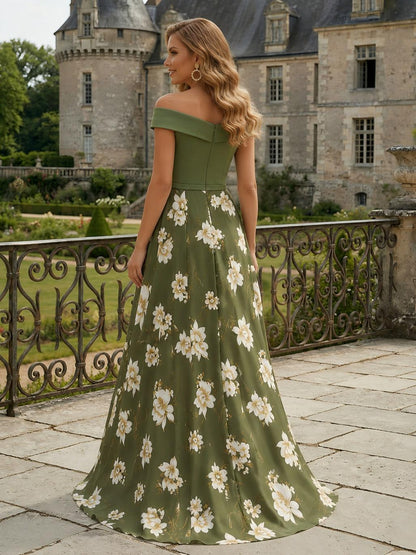 Off-the-Shoulder Floral A-Line Evening Gown