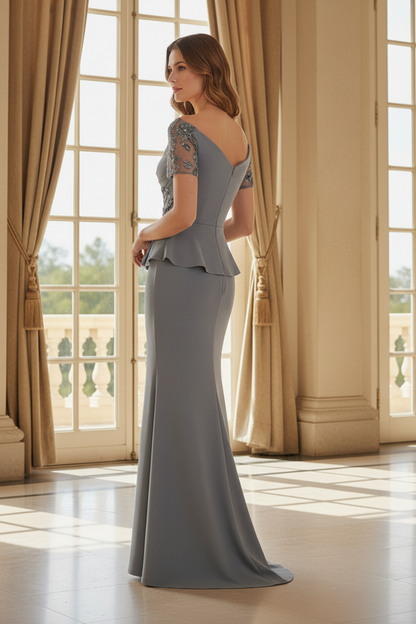 Off-the-Shoulder Mermaid Gown with Beaded Illusion Sleeves