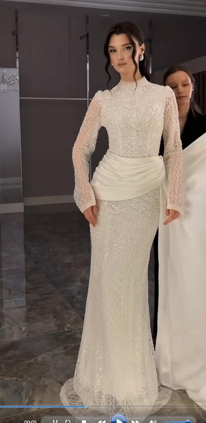 High Neck Long Sleeve Lace Mermaid Wedding Dress