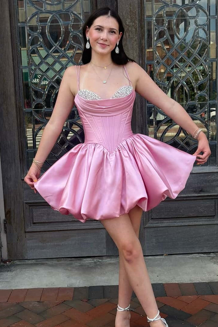 Rhinestone Corset Bubble Satin Homecoming Dress