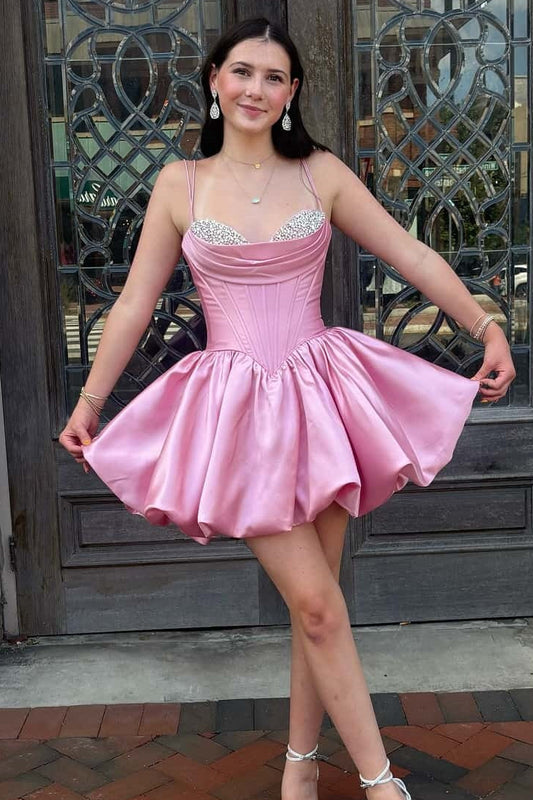 Rhinestone Corset Bubble Satin Homecoming Dress