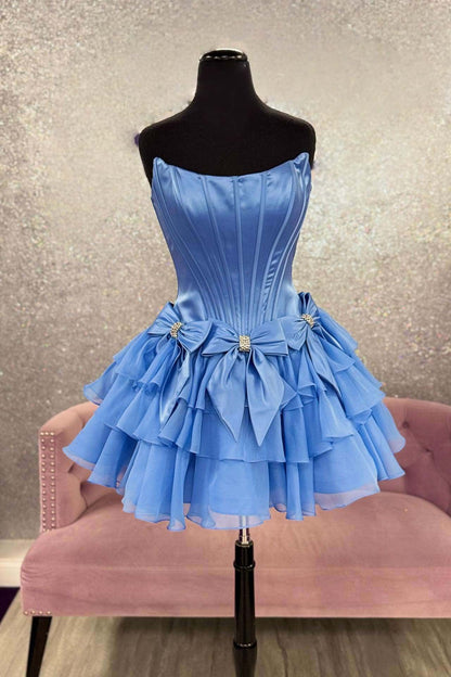 Strapless Corset Mini Dress with Bows and Ruffles