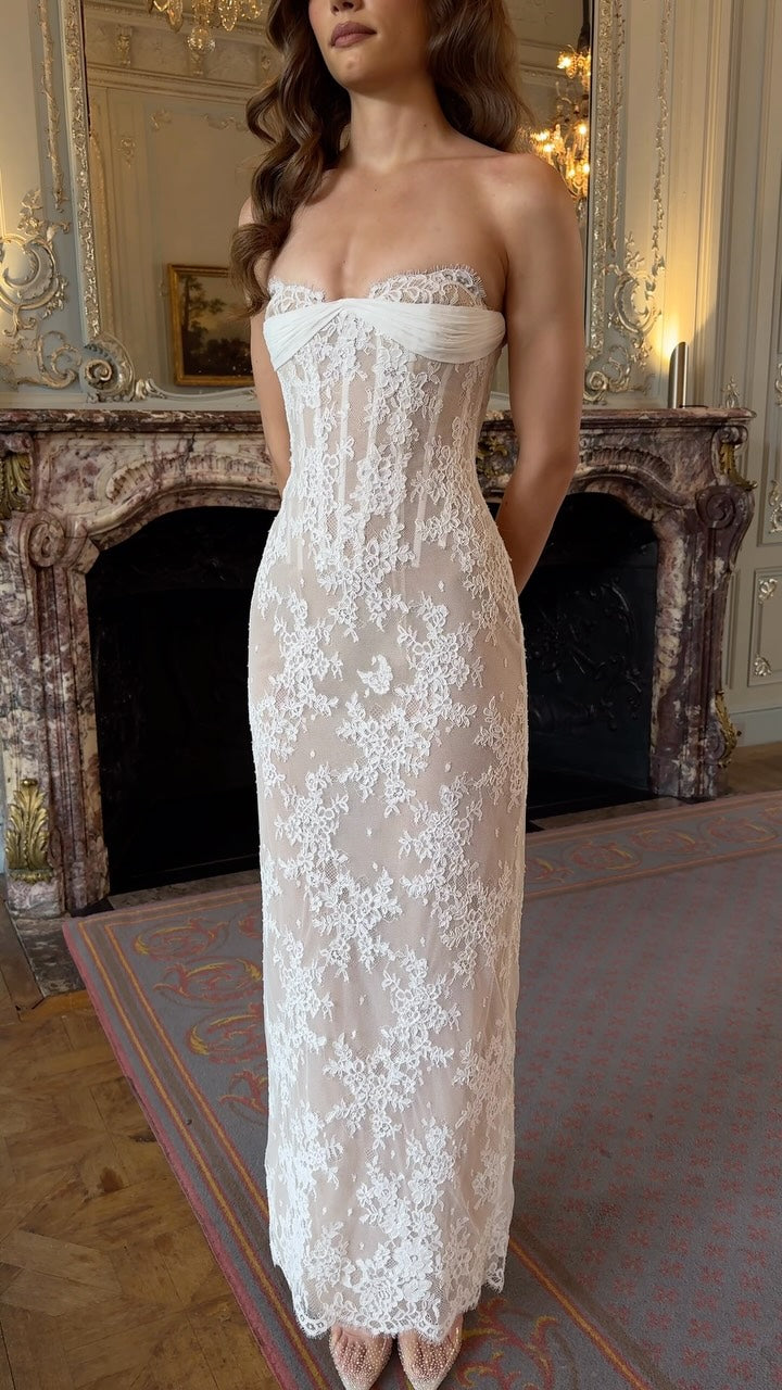 Strapless Lace Corset Column Wedding Dress