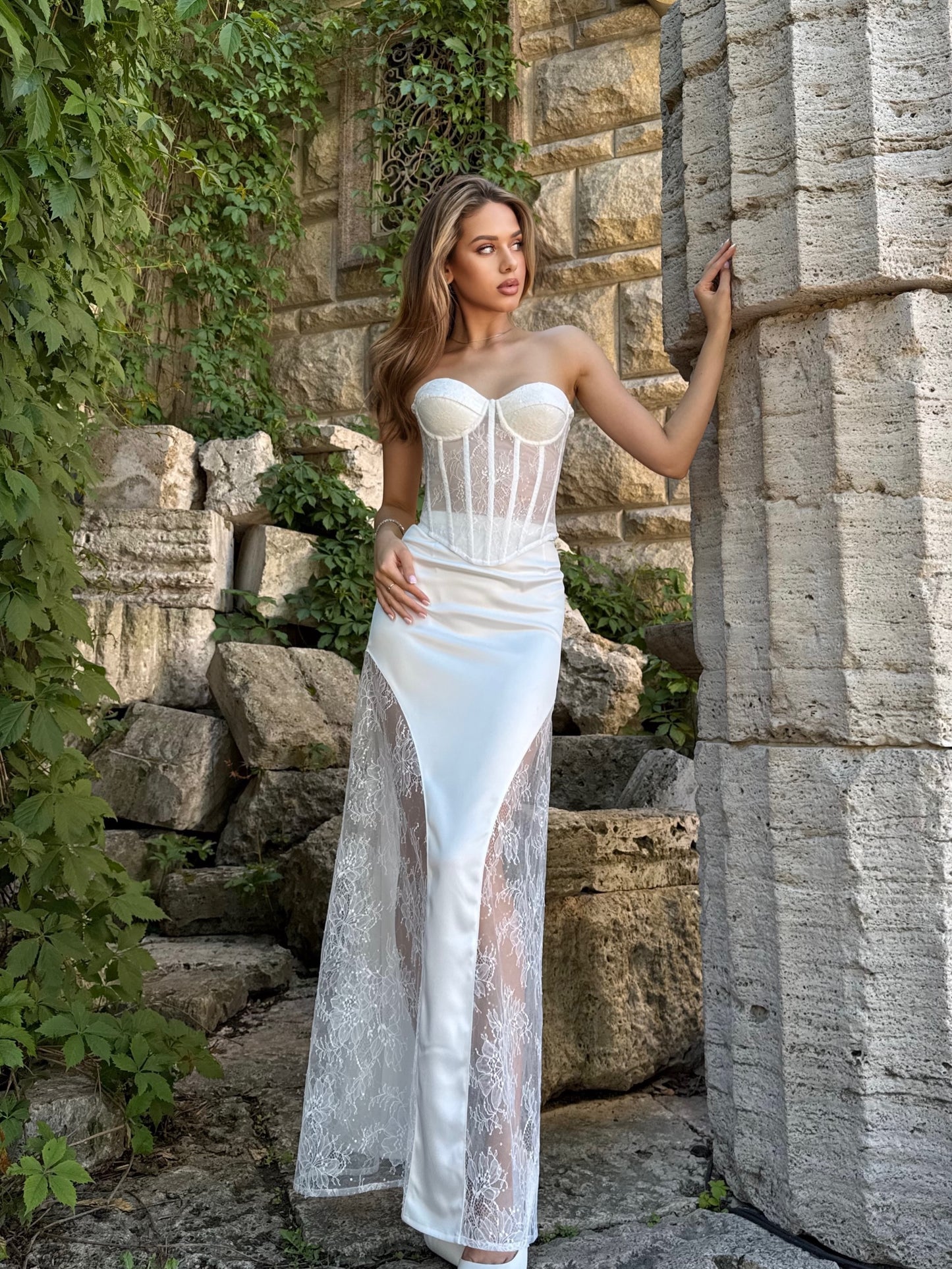 Strapless Corset Lace and Satin Sheath Bridal Gown
