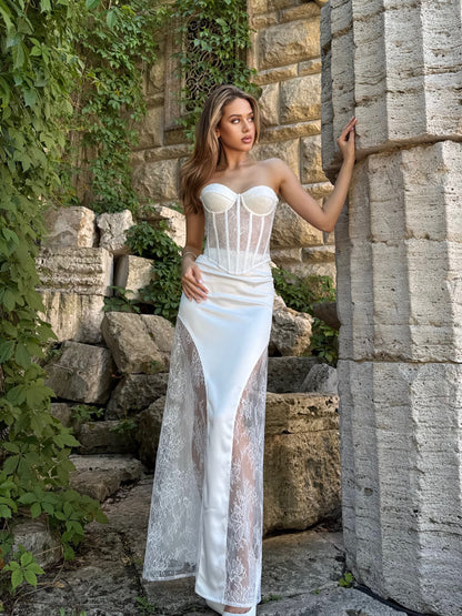 Strapless Corset Lace and Satin Sheath Bridal Gown