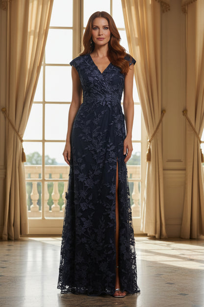 Floral Embroidered V-Neck Evening Gown with Slit