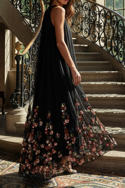 Halter Neck Floral Applique Maxi Dress