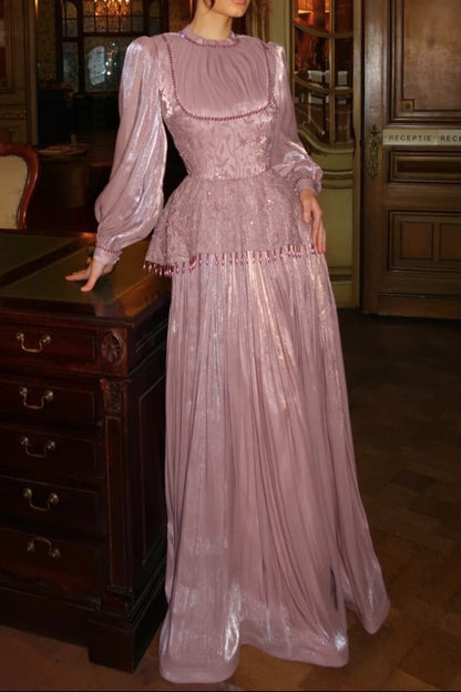 Pleated Shimmer Gown with Peplum Waist