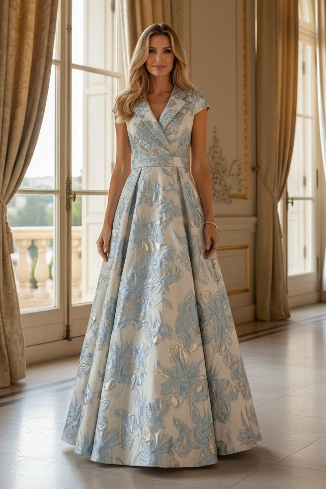 Collared Brocade A-Line Evening Gown with Cap Sleeves