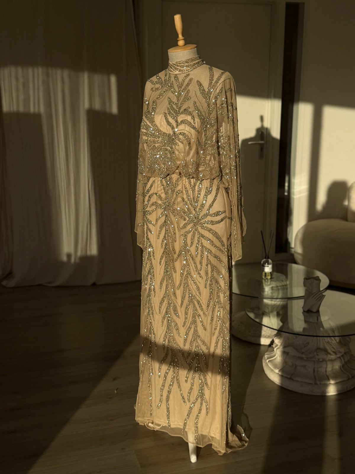 High Neck Sequin Embellished Cape Evening Gown