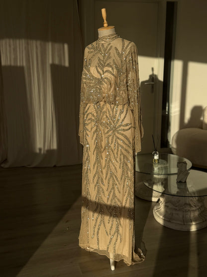 High Neck Sequin Embellished Cape Evening Gown
