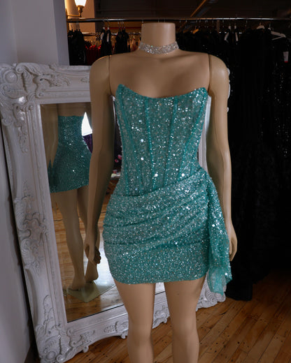 Strapless Corset Sequin Mini Dress with Asymmetrical Drape