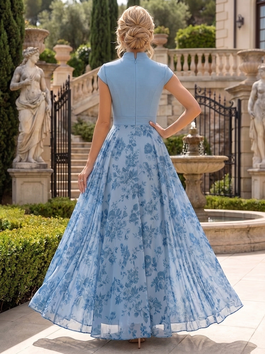 Elegant Floral Print Mock Neck Maxi Dress