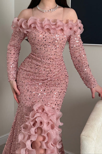 Sequin Off-the-Shoulder Gown with Ruffle Trim