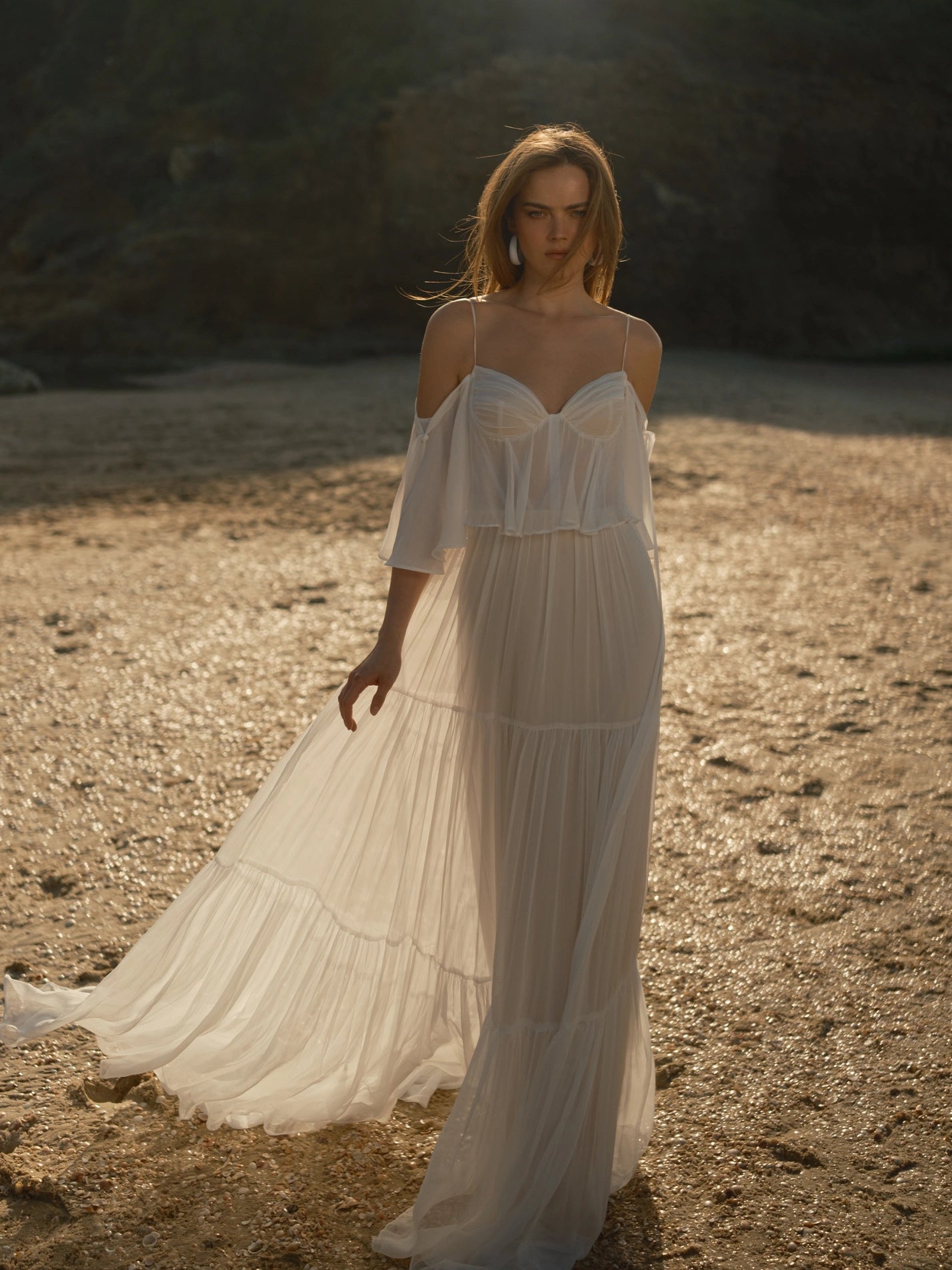 Off-the-Shoulder Tiered Chiffon Wedding Dress