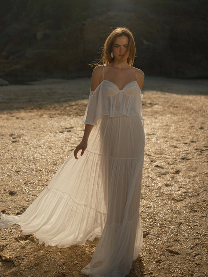 Off-the-Shoulder Tiered Chiffon Wedding Dress