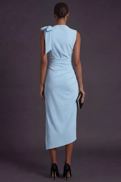 Bow Shoulder Ruched Midi Sheath Dress with Slit
