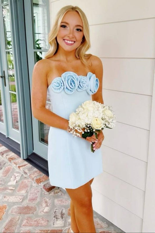 Strapless 3D Floral Rosette Mini Sheath Dress