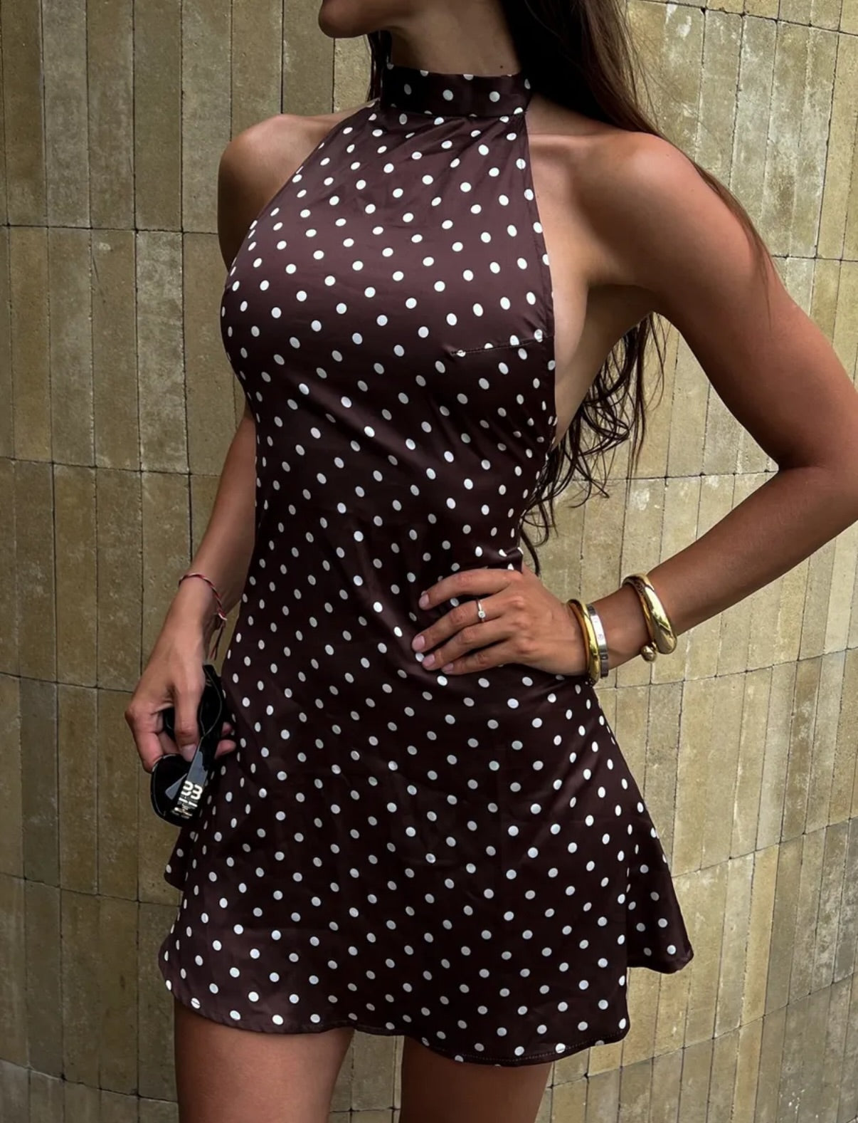 Satin Polka Dot Halter Neck Mini Dress