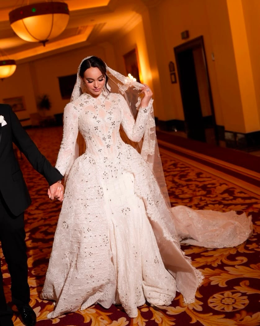 High Neck Long Sleeve Lace Wedding Dress with Overskirt