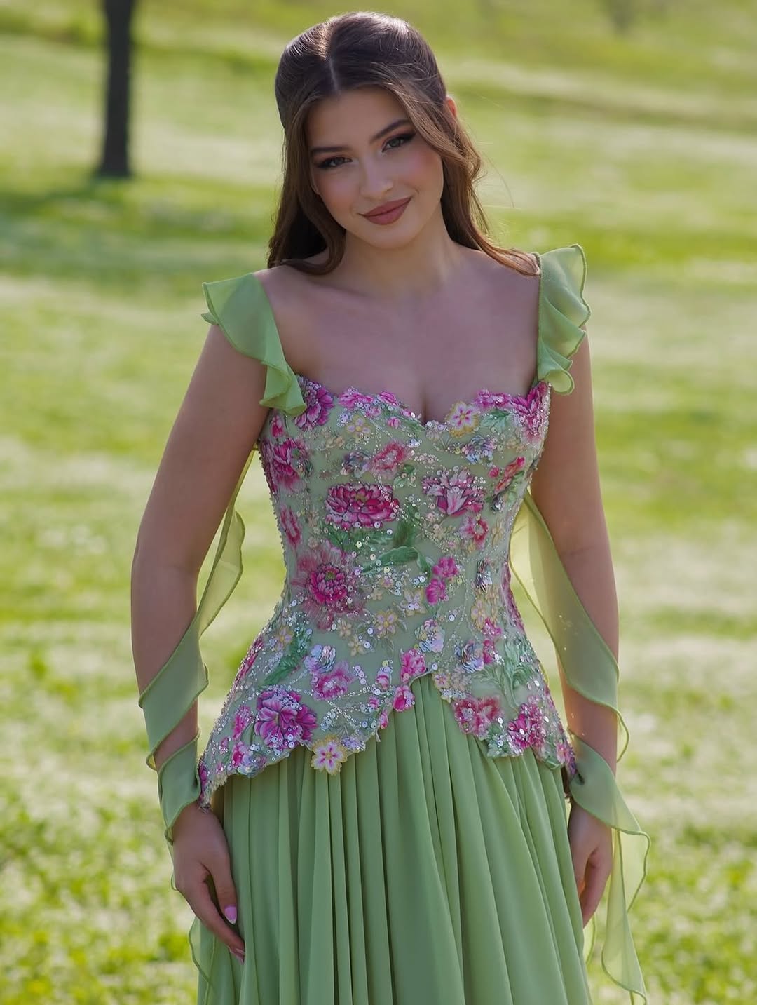 Floral Embroidered Chiffon A-Line Gown
