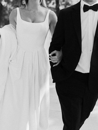 Square Neckline Satin Wedding Gown with High Slit