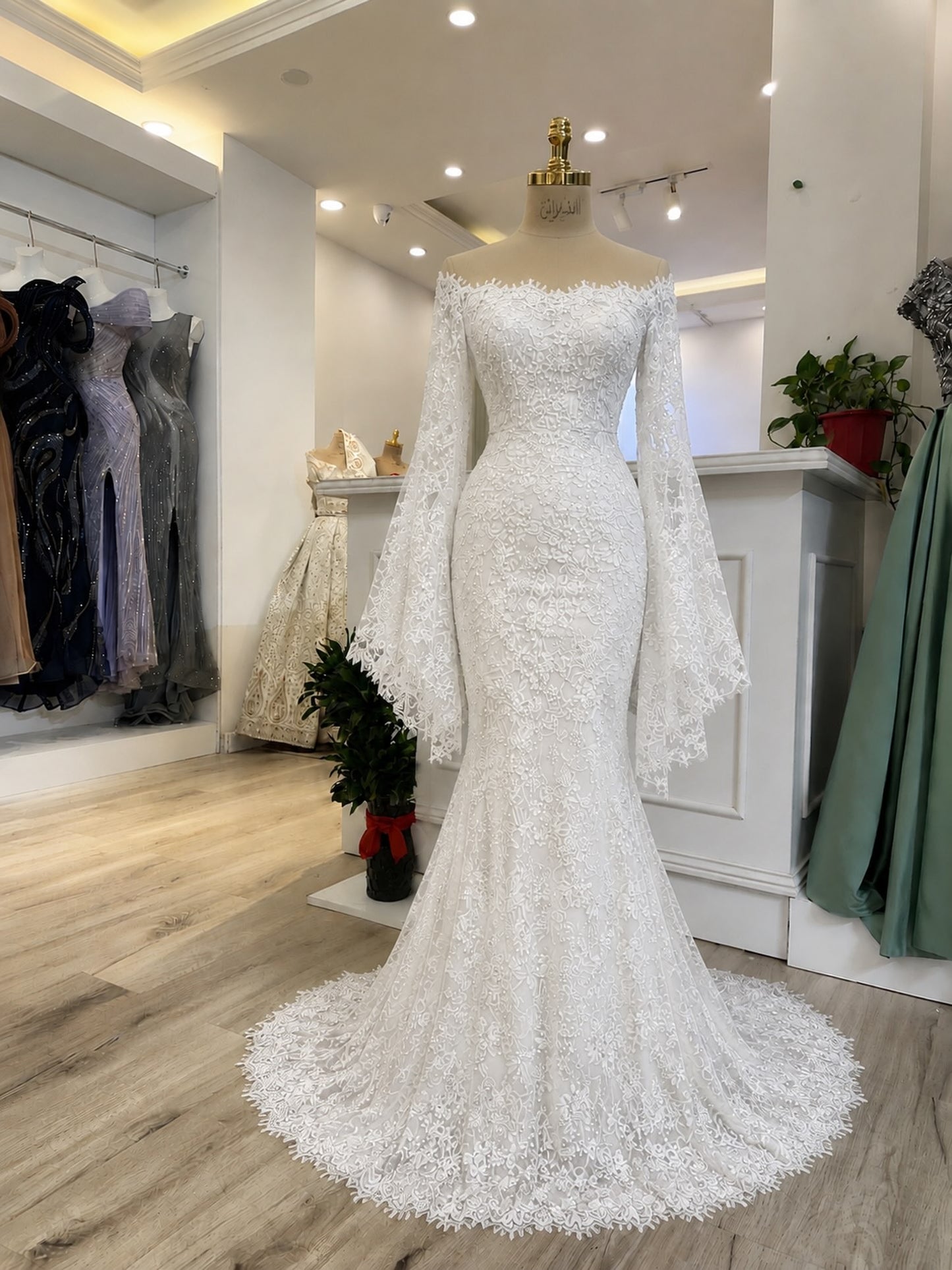 Lace Off-the-Shoulder Bell Sleeve Mermaid Wedding Gown