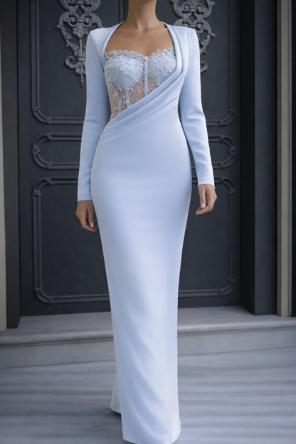 Asymmetrical Long Sleeve Corset Evening Gown