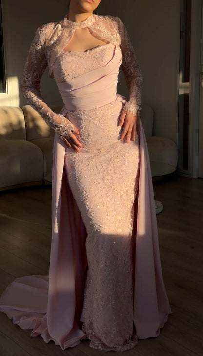 Lace Sheath Gown with Keyhole Neck & Overskirt