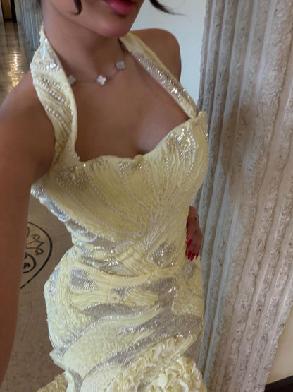 Halter Sequin Mermaid Gown with Ruffled Skirt