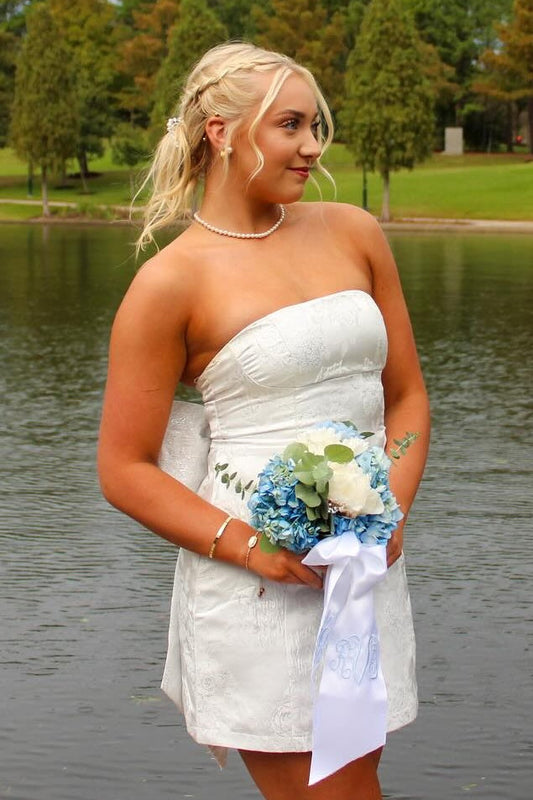 Strapless Jacquard Mini Dress with Back Bow